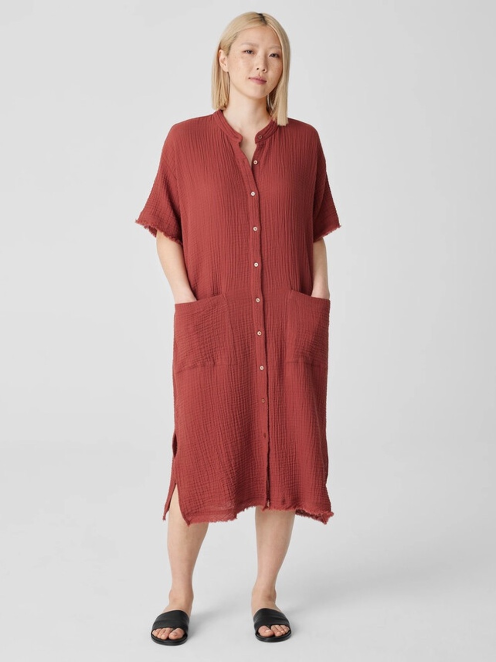 Eileen Fisher Organic Cotton Gauze Mandarin Collar Midi Shift Dress in Picante